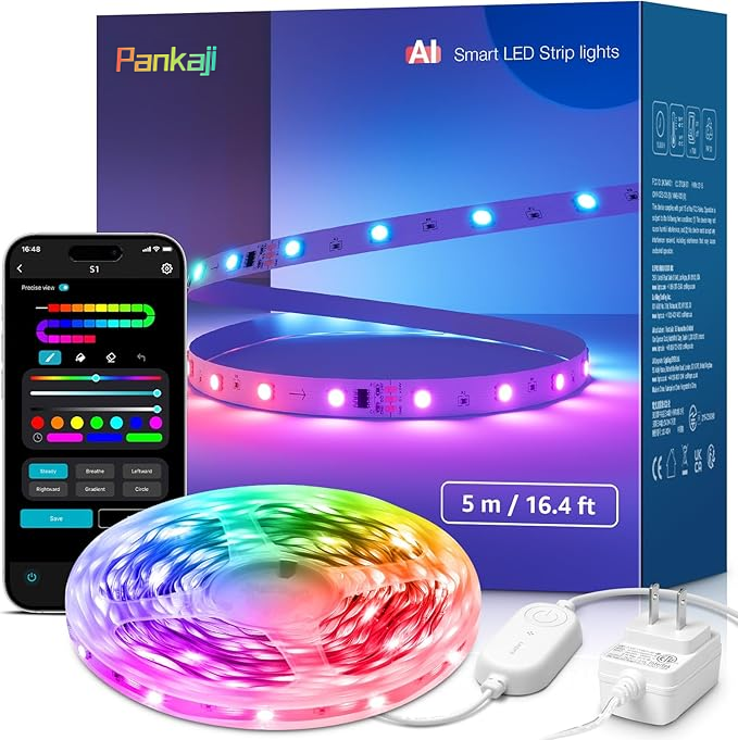 Pankaji AI LED Strip Lights for Bedroom - 16.4ft Smart RGB Light Strips with IC and Rainbow Chasing Effects, Color Segment DIY, AI Generated Lighting for New Year, No Remote, 2.4G Wi-Fi & Bluetooth