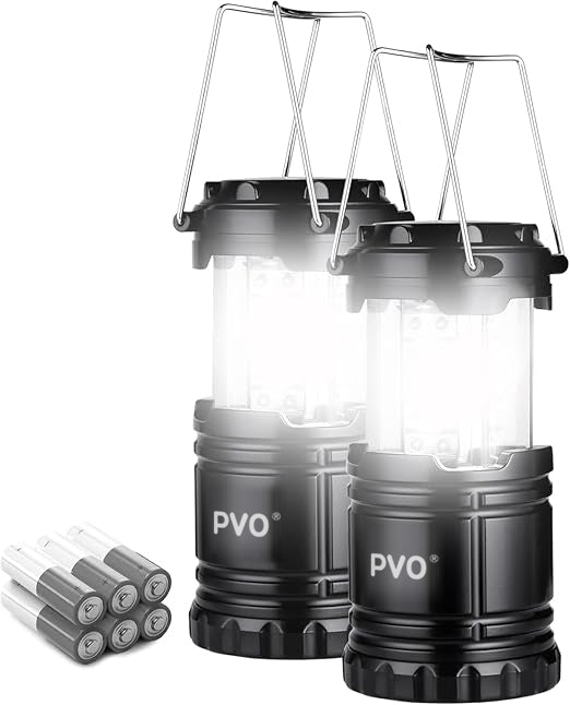 PVO Lantern Camping Essentials Lights, Led Flashlight for Power Outages, Tent Lights for Emergency, Survival Gear and Supplies for Hurricane, Battery Operated Lamp, 2 Pack, Black