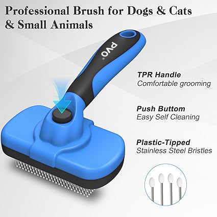 PVO Self Cleaning Slicker Brush - Skin Friendly Deshedding Grooming Tool for Dogs & Cats, Suitable for Shedding & Haired Pets, with Pet Supplies Accessories, Blue