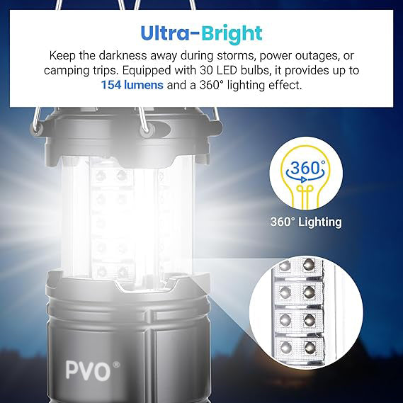 PVO Lantern Camping Essentials Lights, Led Flashlight for Power Outages, Tent Lights for Emergency, Survival Gear and Supplies for Hurricane, Battery Operated Lamp, 2 Pack, Black