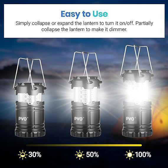 PVO Lantern Camping Essentials Lights, Led Flashlight for Power Outages, Tent Lights forEmergency, Survival Gear and Supplies for Hurricane,Battery Operated Lamp, 2 Pack, Black