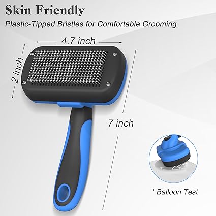 PVO Self Cleaning Slicker Brush - Skin Friendly Deshedding Grooming Tool for Dogs & Cats, Suitable for Shedding & Haired Pets, with Pet Supplies Accessories, Blue