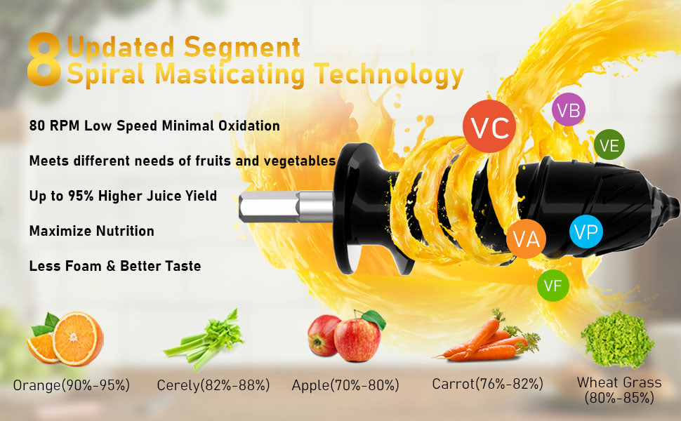 Slow Masticating Juicer Maker Machine, PVO Celery Juicer 2-Speed Modes & 8 Updated Segment Spiral Cold Press Juicer Machines for 95% Juice Yield, High Nutrient Fruit & Vegetable Juice with Recipes