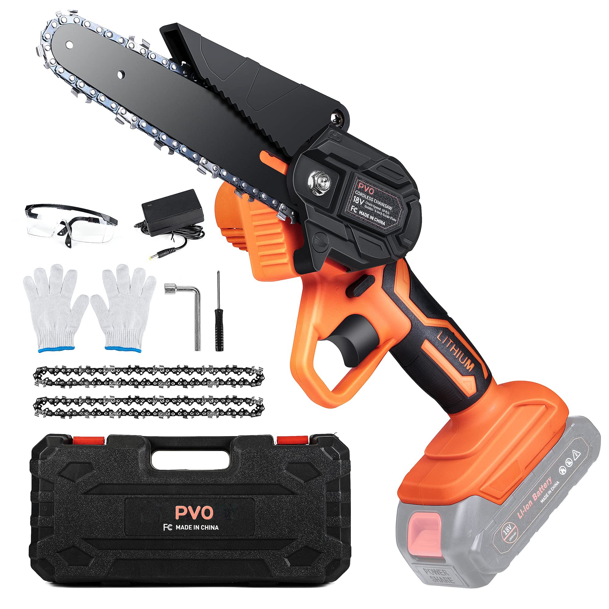 Mini Chainsaw, PVO 6 Inch Mini Chainsaw Cordless with 2 Rechargeable Battery, 1.82 LB One-Hand Power Chain Saws with Security Lock, Electric Chainsaw for Tree Trimming Branch Pruning